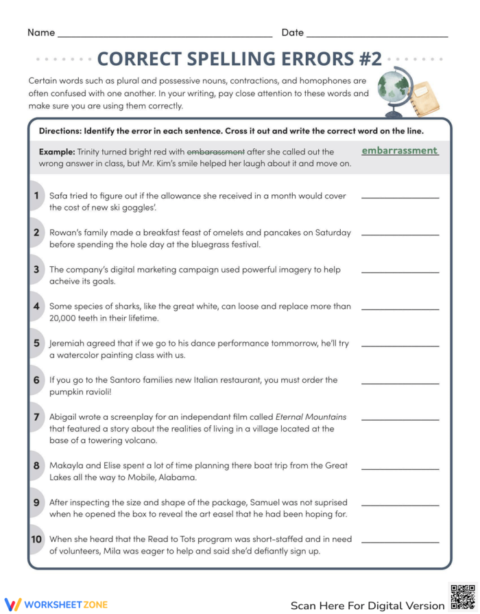 Sixth grade student completing a grammar worksheet to identify and correct spelling errors