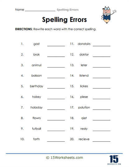Correct Spelling Errors worksheet for sixth-grade grammar practice