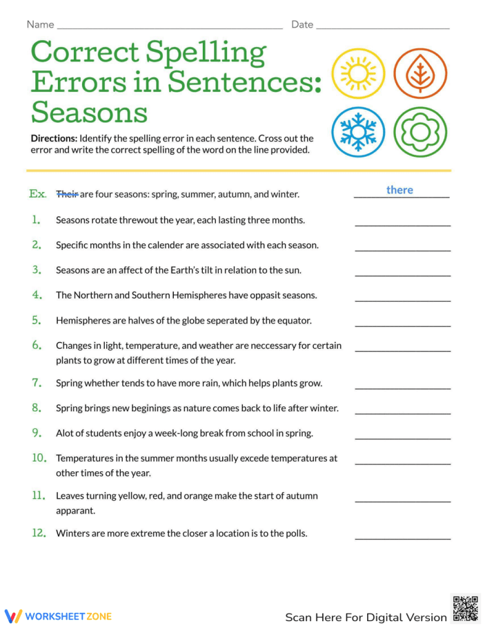 Worksheet for correcting spelling mistakes related to seasons for sixth graders