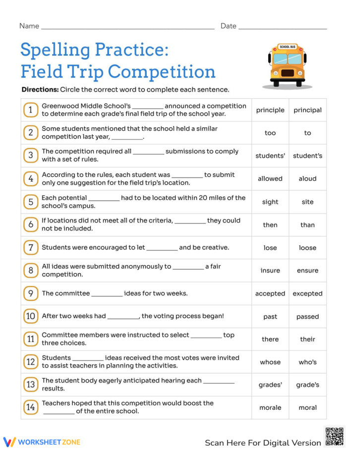 Spelling Practice Field Trip Competition Worksheet for Grade 6 Grammar Skills Sixth grade students completing a spelling practice worksheet about field trip competition with vocabulary exercises