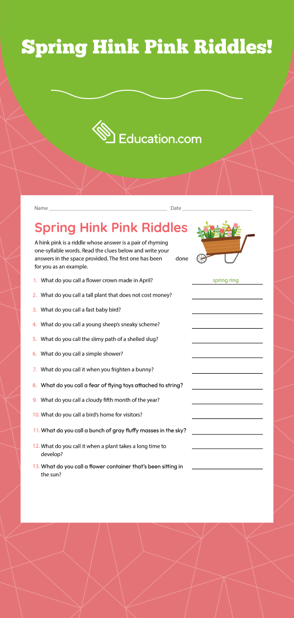 Sixth grade spring themed hink pink riddle geometry worksheet page three