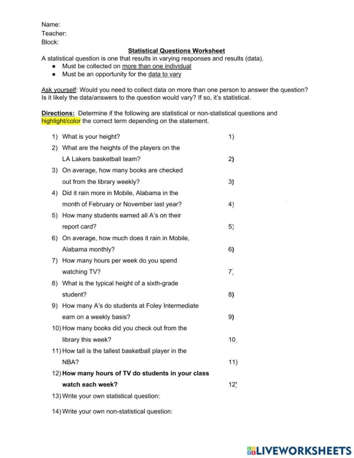 Recognizing Statistical Questions worksheet for grade 6 students Worksheet for sixth graders on identifying statistical questions