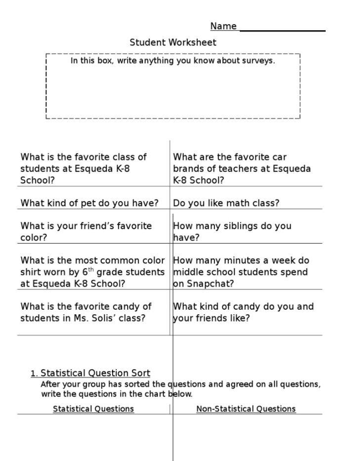 Recognizing Statistical Questions Worksheet Five for Grade Six Math Sixth grade math worksheet featuring practice exercises on identifying statistical versus non-statistical questions