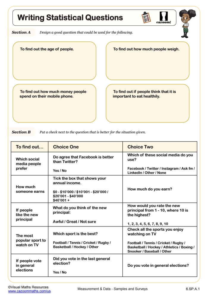 Recognizing Statistical Questions Worksheet 14 Sixth grade math worksheet for identifying statistical and non-statistical questions
