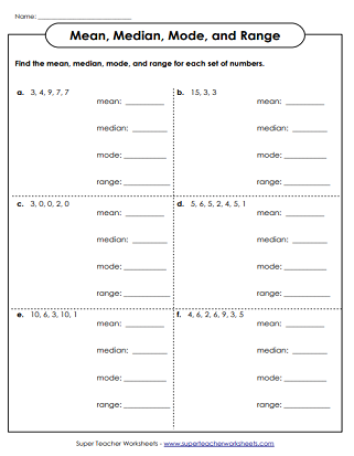 Sixth grade math worksheet focused on calculating the mean median and mode of data sets