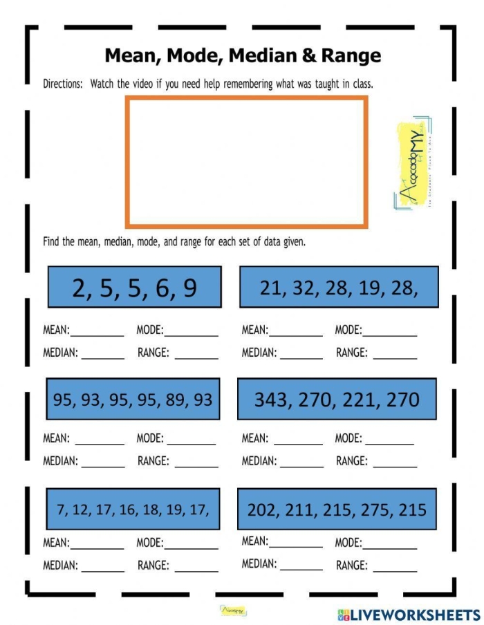 Worksheet for sixth graders on mean, median, mode, and range in statistics