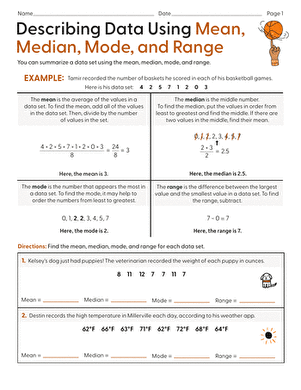 Sixth grade statistics worksheet featuring problems on mean median mode and range