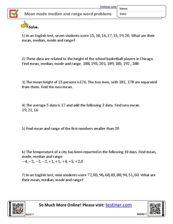Worksheet for sixth graders on mean, median, mode, and range in statistics.