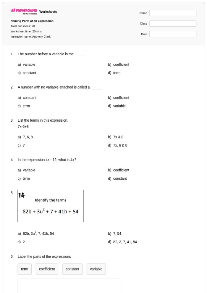 Sixth grade student completing a math worksheet on parts of an algebraic expression