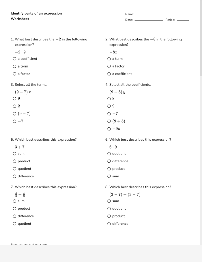 Sixth grade student solving algebraic expression problems on a math worksheet with pencil and paper