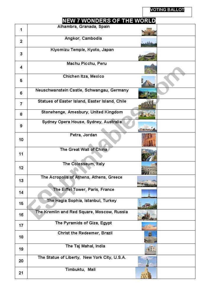 Students researching the New Seven Wonders of the World for a sixth grade number theory worksheet activity
