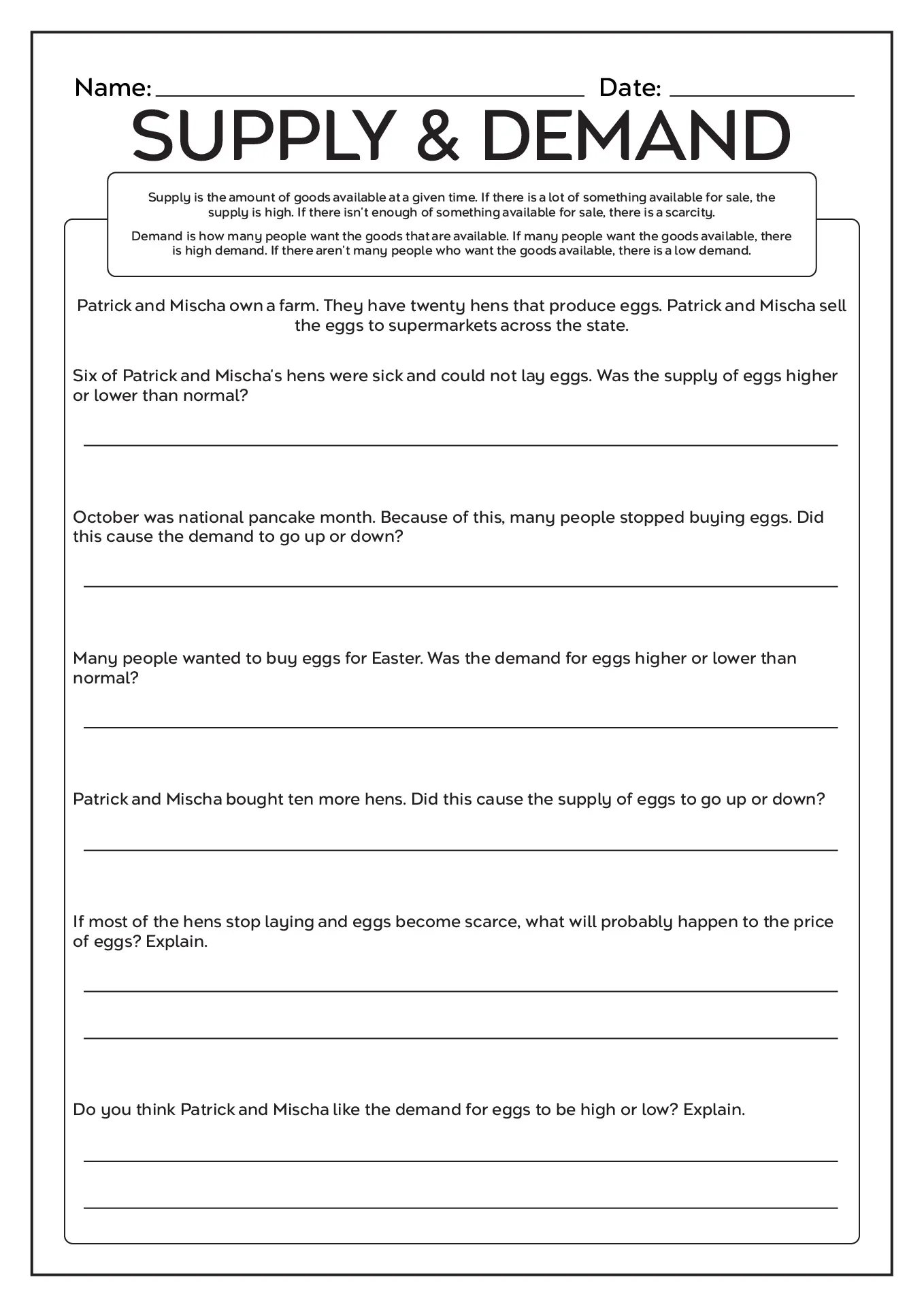 Sixth grade social studies worksheet exploring market concepts of supply and demand