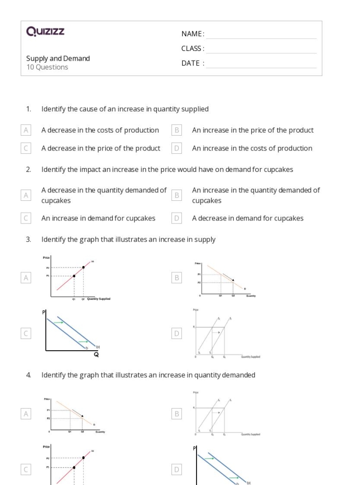 Sixth grade worksheet demonstrating the relationship between economic supply and demand on market prices