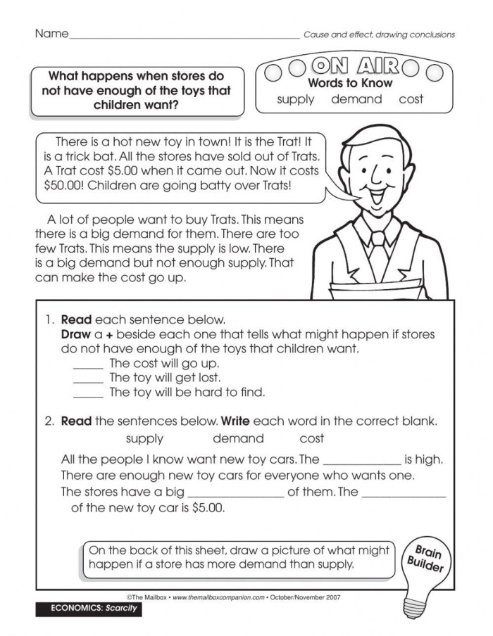 Sixth grade social studies worksheet covering the concepts of supply and demand for 17