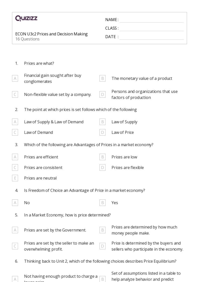 Shortage Surplus and Prices Worksheet 11 Sixth grade economics worksheet illustrating supply and demand concepts through price changes