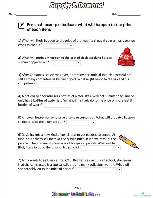Sixth grade social studies worksheet covering the market concepts of supply and demand