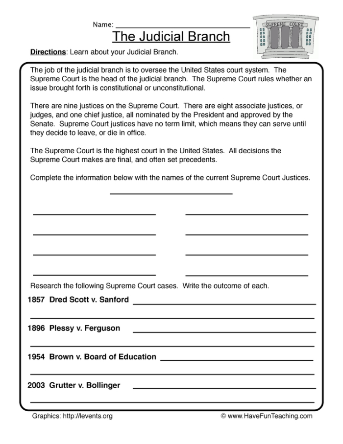 Sixth grade history worksheet about the judicial branch and Supreme Court facts
