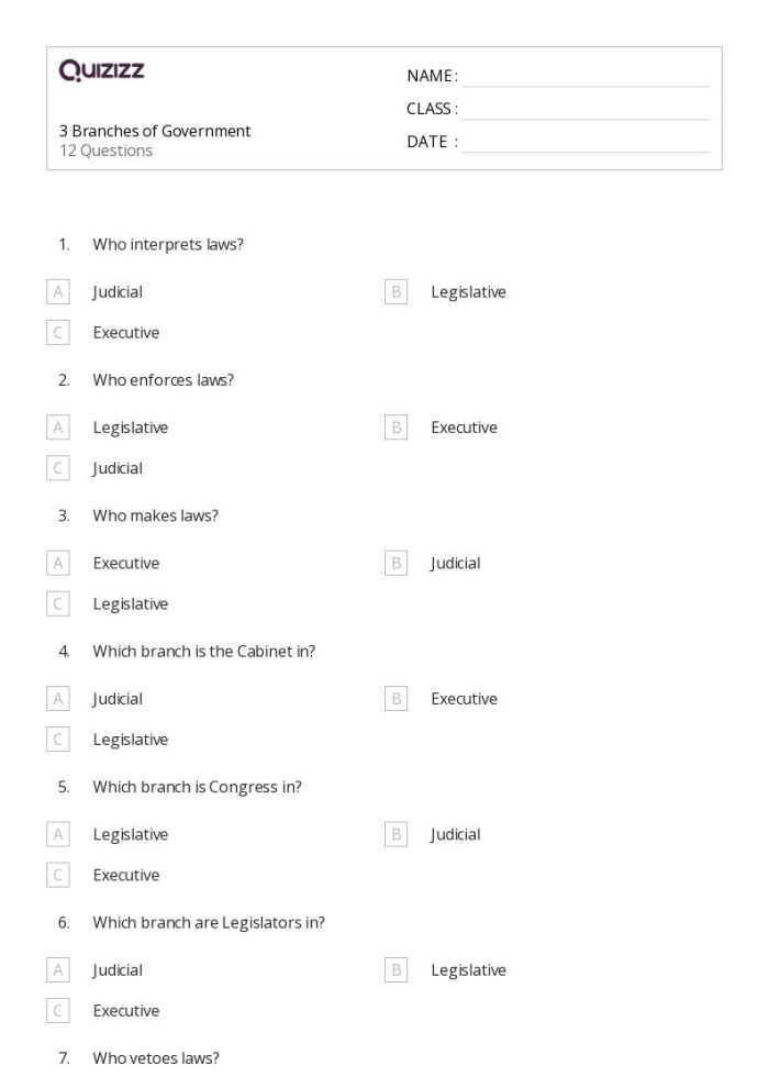 Sixth grade history worksheet about the judicial branch and Supreme Court facts