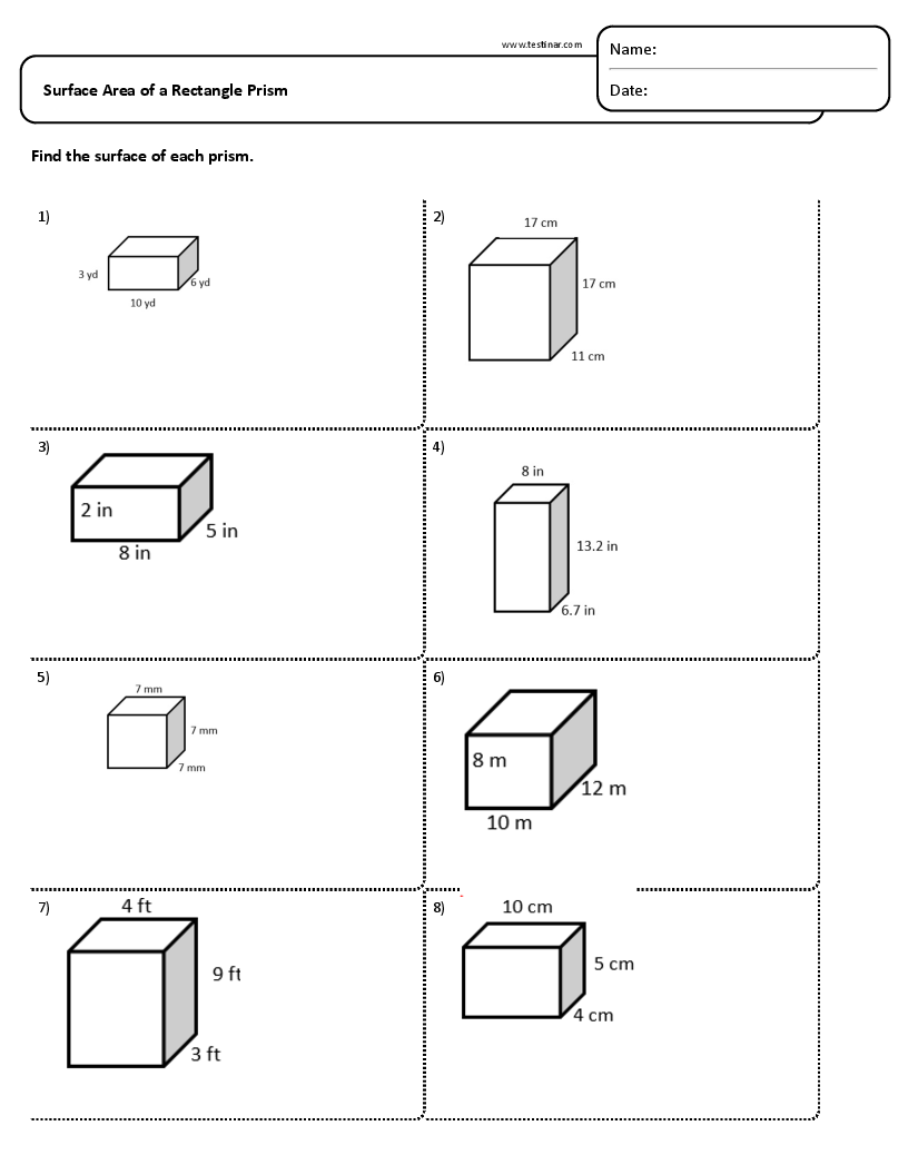 Sixth grade geometry worksheet featuring practice problems on finding the surface area of rectangular and triangular prisms