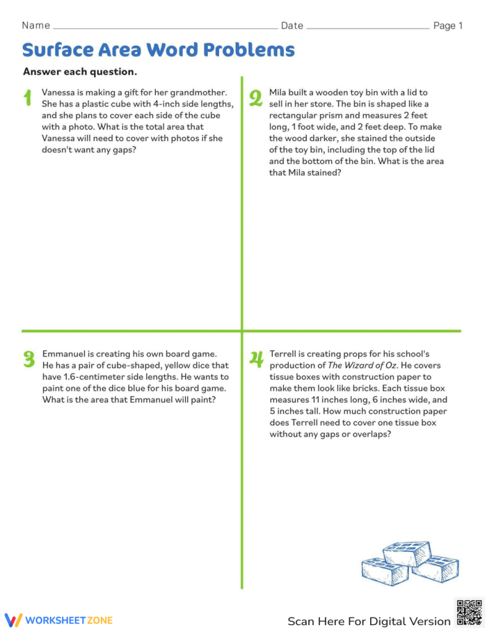 Practice worksheet showing step-by-step method for computing total surface area on a rectangular box Sixth grade student calculating surface area of a rectangular prism with labeled dimensions and formulas
