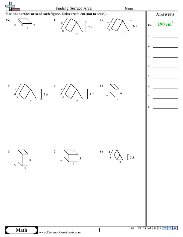 An Introduction to Surface Area worksheet page five for sixth grade math learners Sixth grade students practicing surface area calculations on a handwriting worksheet