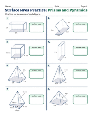 Sixth grade math worksheet featuring surface area practice problems for various prisms and pyramids