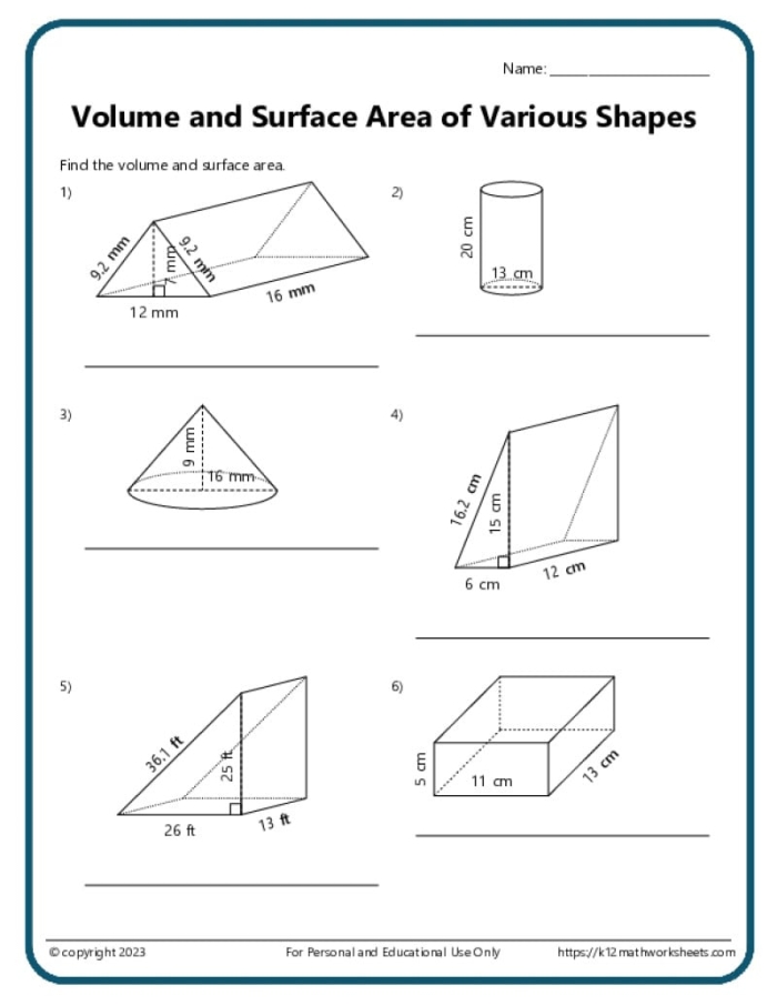 Worksheet for practicing surface area of prisms and pyramids for sixth graders