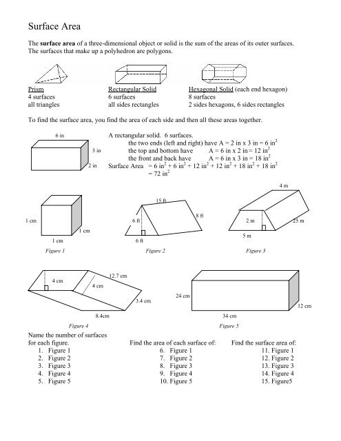 An Introduction to Surface Area Worksheet Number Seven Sixth grade worksheet focused on calculating the surface area of 3D shapes