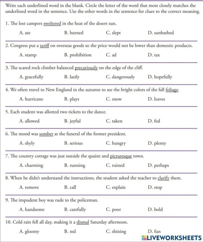 Sixth grade vocabulary worksheet featuring synonym matching exercises for context clues