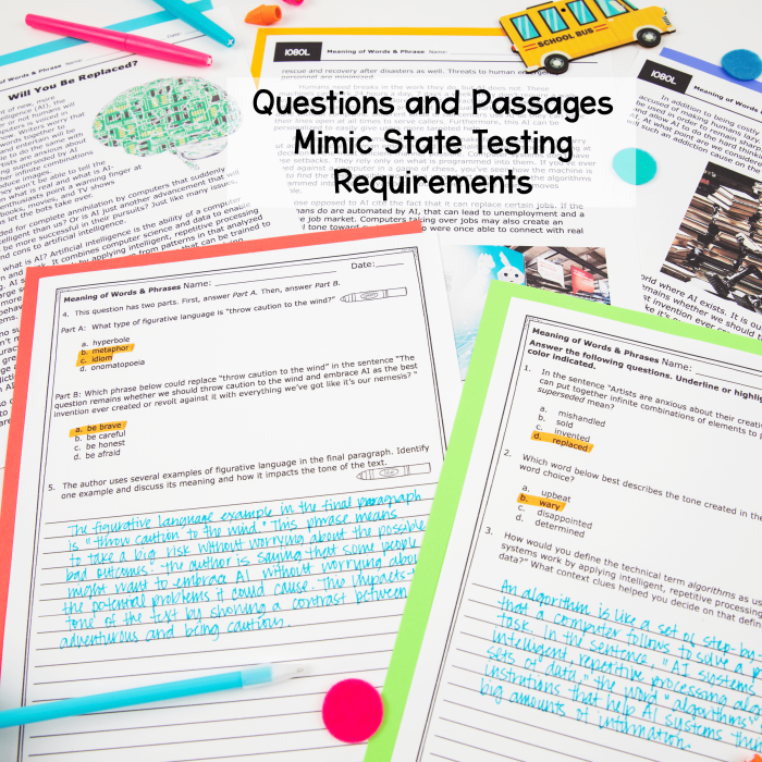 Sixth grade student using a pencil to match synonyms within short paragraphs on a vocabulary worksheet