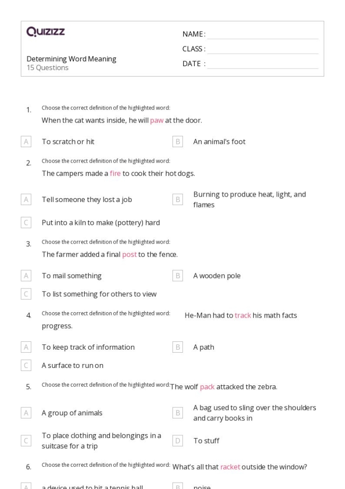 Sixth grade worksheet helping students determine the meaning of words by matching synonyms in context