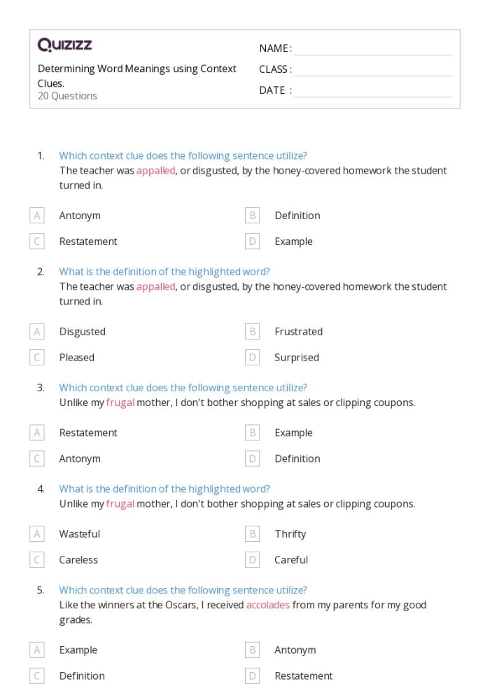 Worksheet for determining word meanings through synonyms in context for sixth graders
