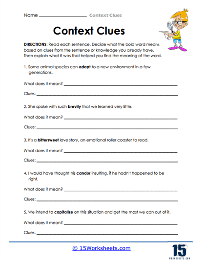 Worksheet for determining word meanings using synonyms in context for sixth graders