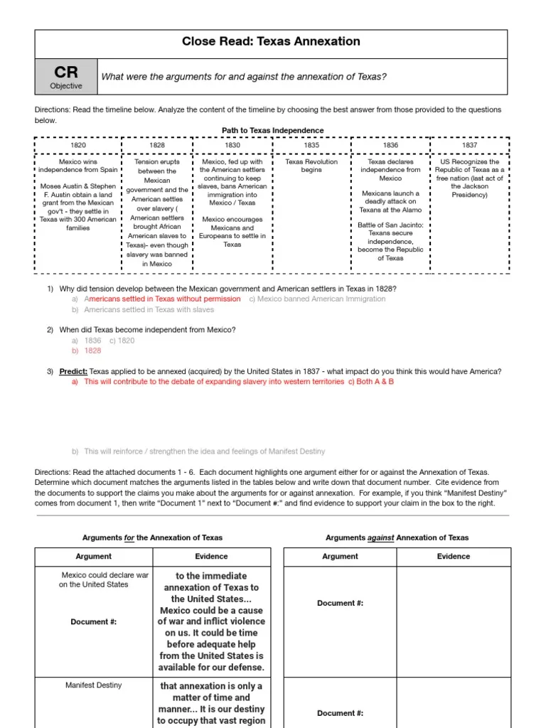 Texas Annexation Timeline worksheet illustrating the territorial changes leading to statehood