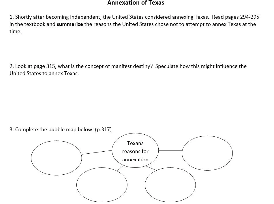 Texas Annexation Timeline worksheet illustrating key events in Texas history
