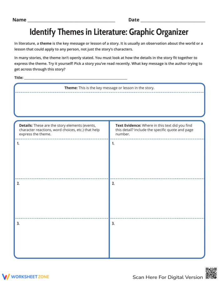 Worksheet for sixth graders to identify themes in literature using a graphic organizer