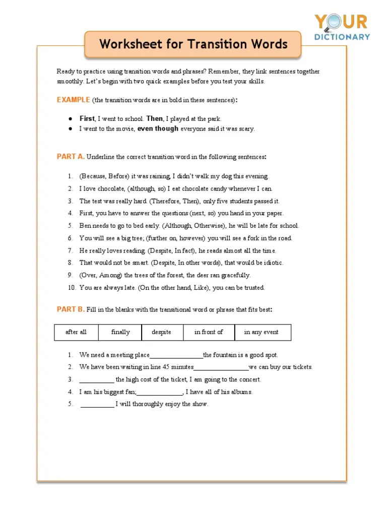Sixth grade worksheet featuring a variety of transition words for writing organization