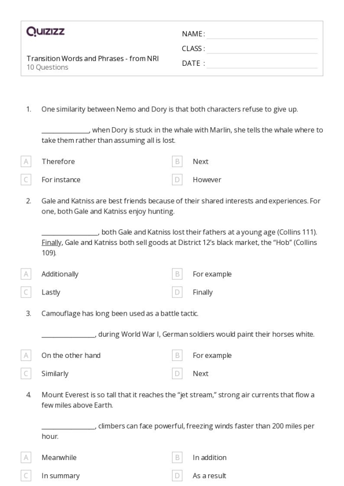 Sixth grade informational writing worksheet focusing on transition words for grammar practice