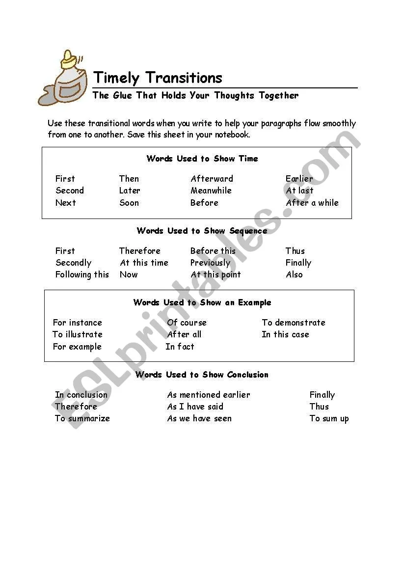 Sixth grade writing worksheet featuring a comprehensive list of transition words to improve essay flow