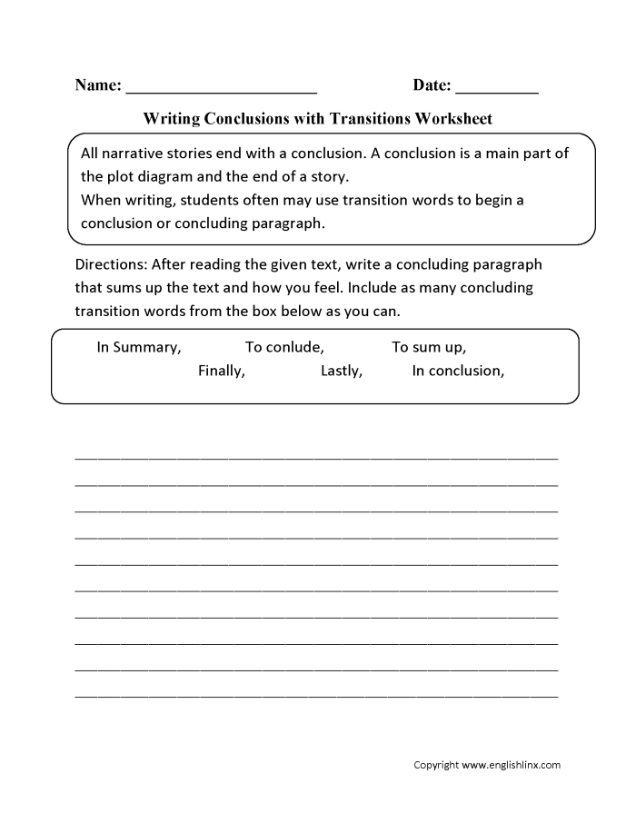 Worksheet featuring transition words for narrative writing practice