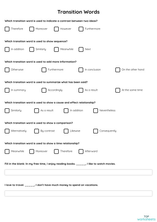 Transition Words Reference worksheet for sixth graders to enhance writing skills