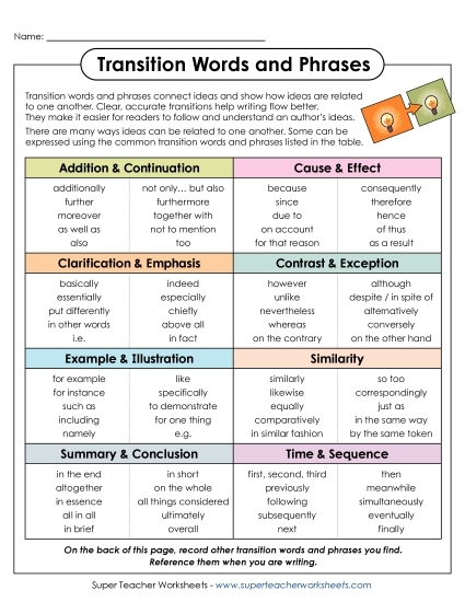 Transition Words Reference worksheet for sixth grade students to enhance their writing skills