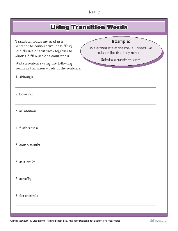 Sixth grade worksheet focused on practicing transition words within informational writing exercises