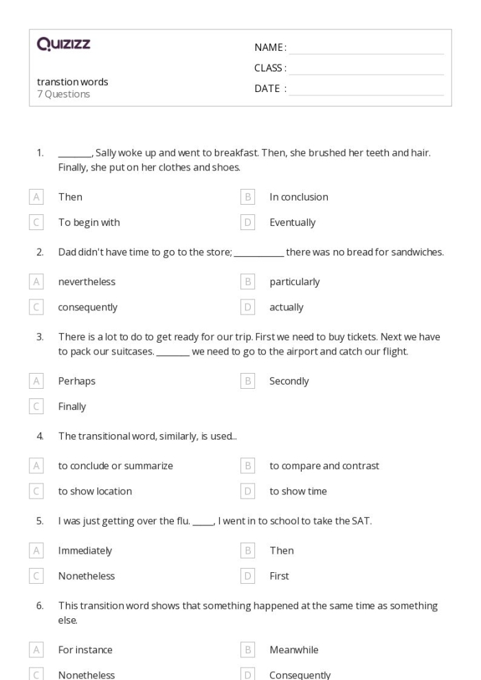 Sixth grade reading worksheet featuring a helpful reference guide for using transition words to improve writing flow.