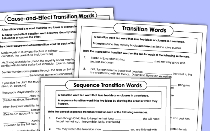 Transition Words Reference worksheet for sixth graders to enhance writing skills