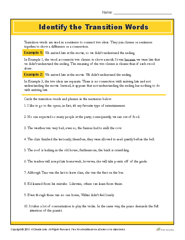 Worksheet featuring transition words for enhancing writing skills in sixth graders