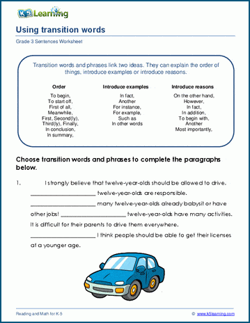 Sixth grade reading worksheet featuring a categorized list of transition words for improved writing structure