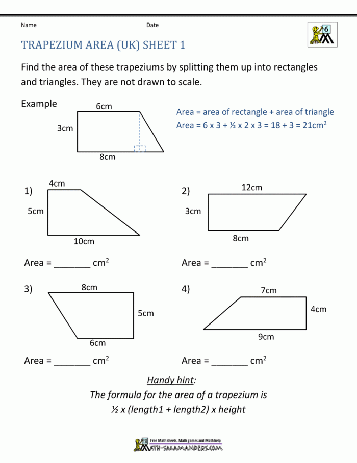 Worksheet for calculating the area of trapezoids designed for sixth graders