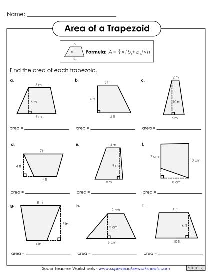 Sixth grade math worksheet showing trapezoid shapes with measurements for calculating area using the trapezoid formula