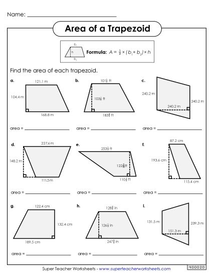 Sixth grade math students practicing geometry with an area of trapezoids worksheet
